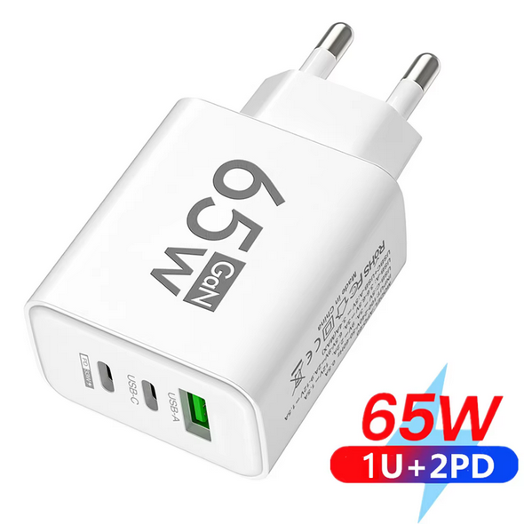 Caricabatterie GaN 65W USB PD Tipo-C - Ricarica Rapida, 3 Porte QC3.0 per iPhone, Samsung, Xiaomi, Poco