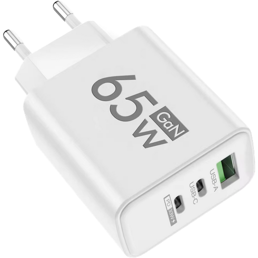 Caricabatterie GaN 65W USB PD Tipo-C - Ricarica Rapida, 3 Porte QC3.0 per iPhone, Samsung, Xiaomi, Poco